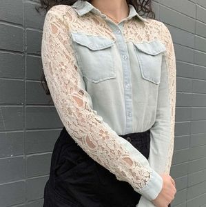 Suzy Shier Blue Lace Button Down Shirt